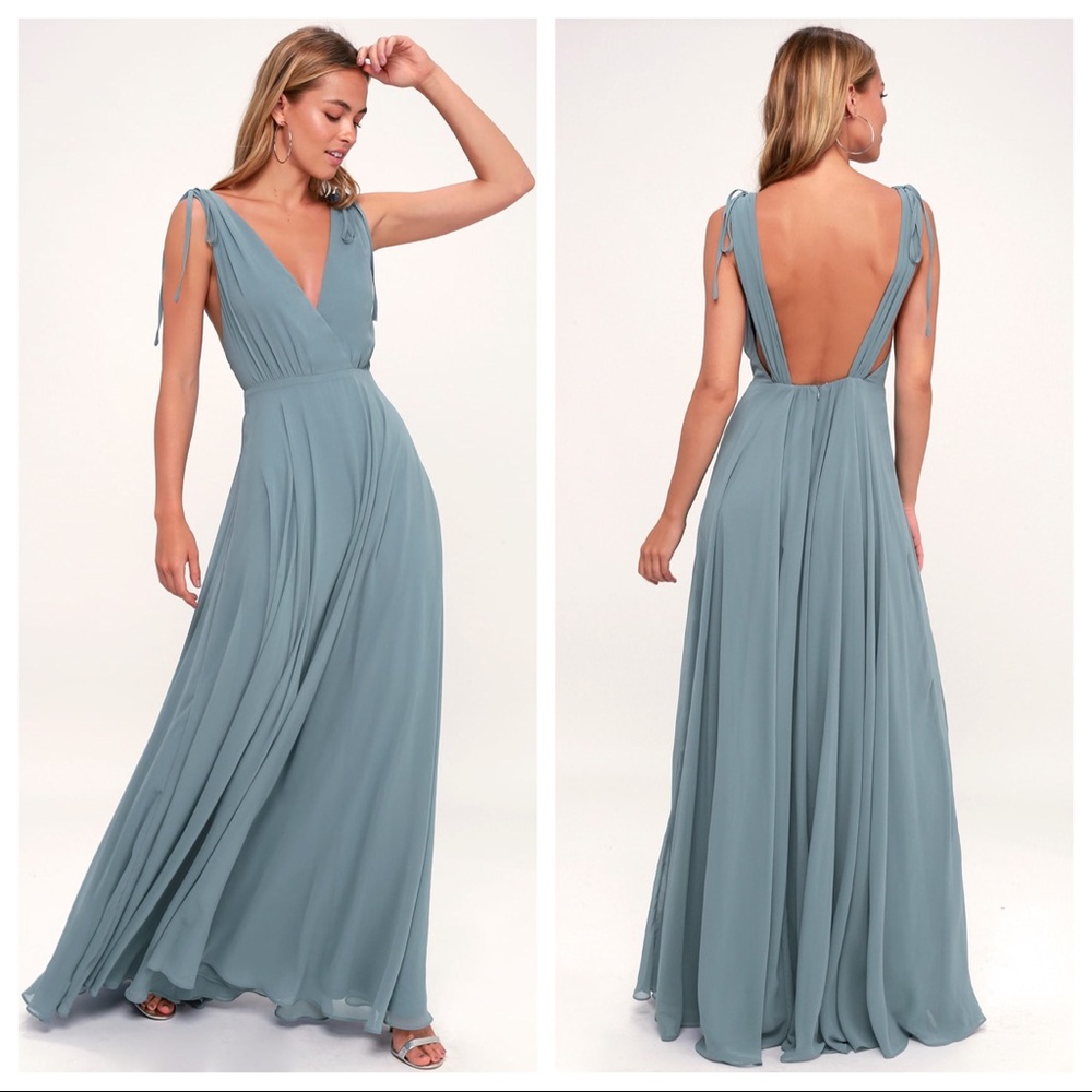Lulu’s Dance The Night Away Backless Maxi Dress Slate Blue XS